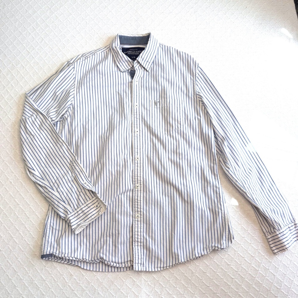 American Eagle Outfitters Mens Vintage Fit Blue White Striped Shirt Large L/G